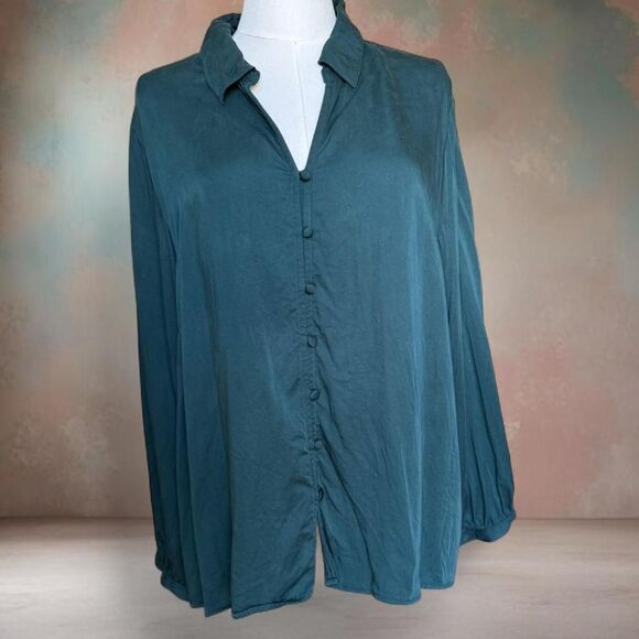 J Jill Women's Green Button Up Blouse Size XL Preppy Academia Comfort Basic - Picture 1 of 7